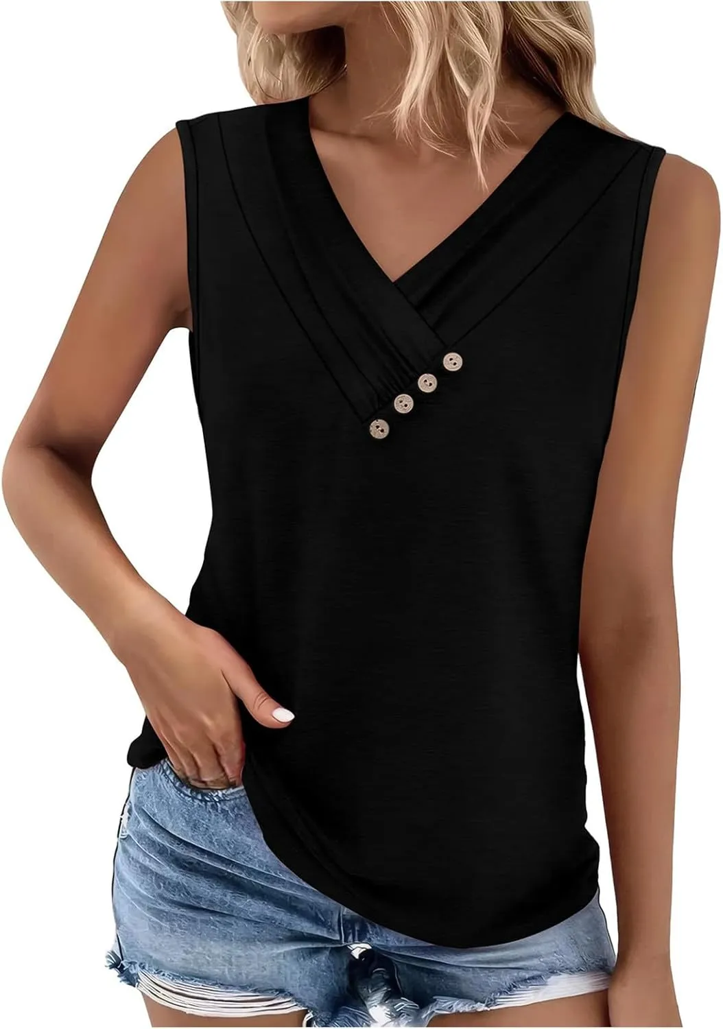 Tank Top for Women Summer Pleated Button V Neck T Shirts Sleeveless Loose Fit Blouse 2025 Fashion Tunics