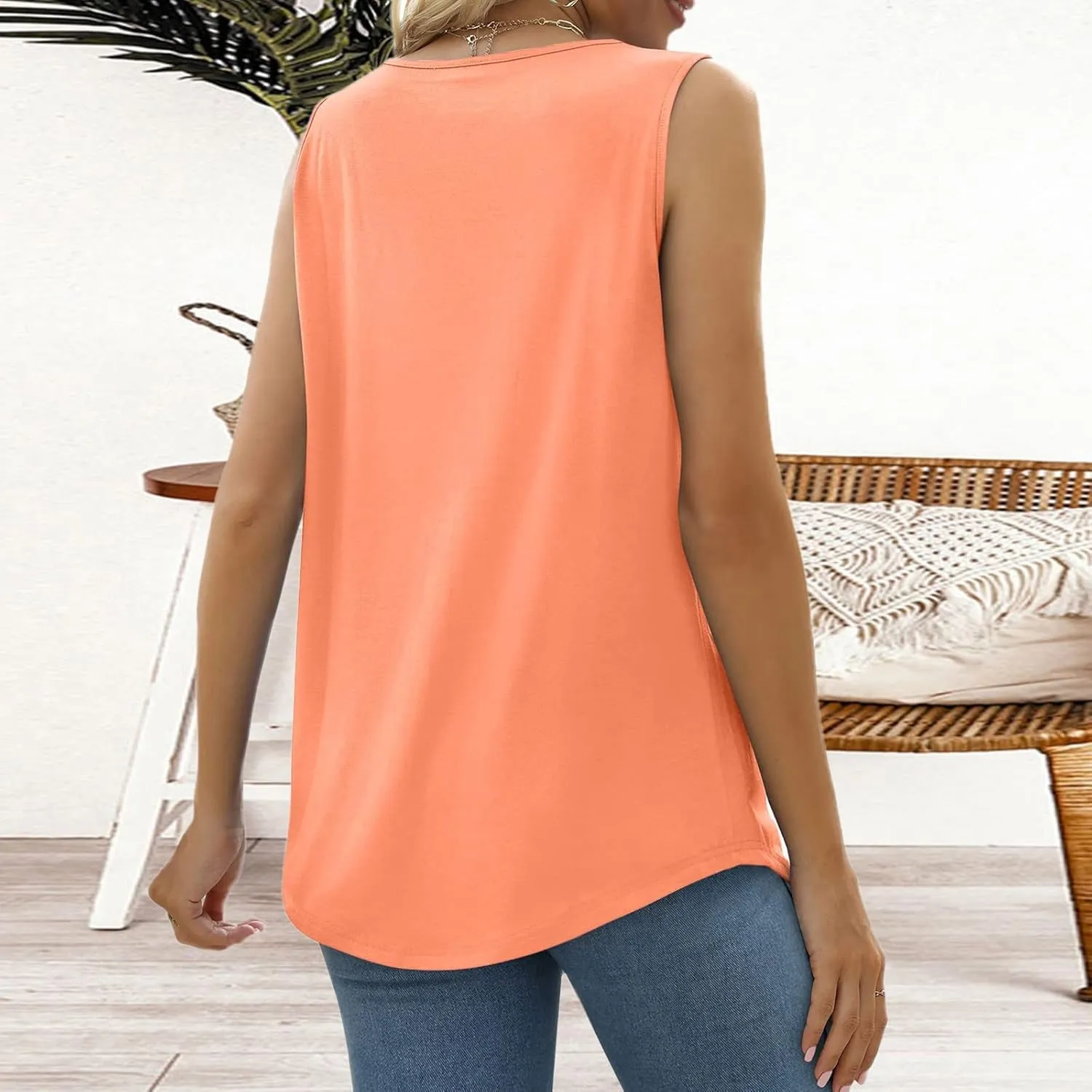 Tank Tops for Women 2025 Summer Loose Fit Pleated Square Neck Sleeveless Tops Curved Hem Flowy Tops for Women Boho