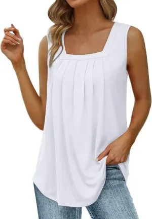 Tank Tops for Women 2025 Summer Loose Fit Pleated Square Neck Sleeveless Tops Curved Hem Flowy Tops for Women Boho