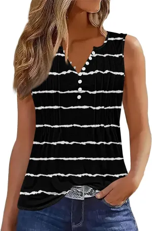 Tank Tops for Women 2025 Summer Top Pleated V Neck Button Down Sleeveless Loose Fit Casual Flowy Boho Tunic Shirts