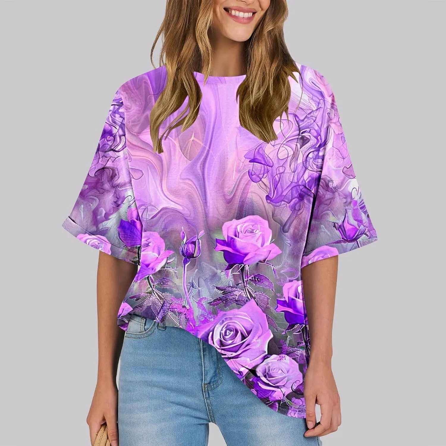 Tops for Women Trendy Summer Plus Size Crew Neck Short Sleeve Shirt Loose Fit Floral Graphic Tunic Tees Blouses