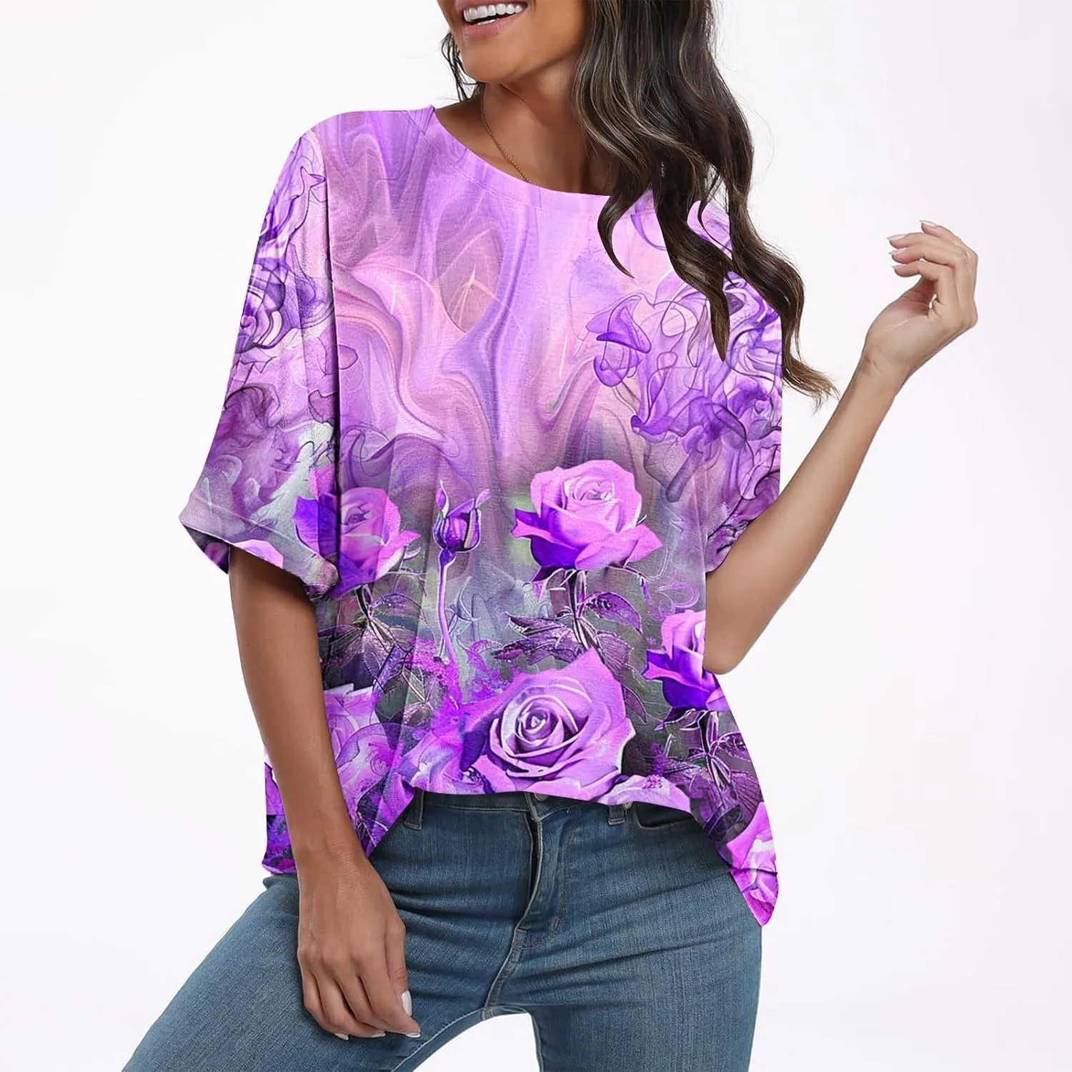 Tops for Women Trendy Summer Plus Size Crew Neck Short Sleeve Shirt Loose Fit Floral Graphic Tunic Tees Blouses