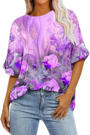 Tops for Women Trendy Summer Plus Size Crew Neck Short Sleeve Shirt Loose Fit Floral Graphic Tunic Tees Blouses