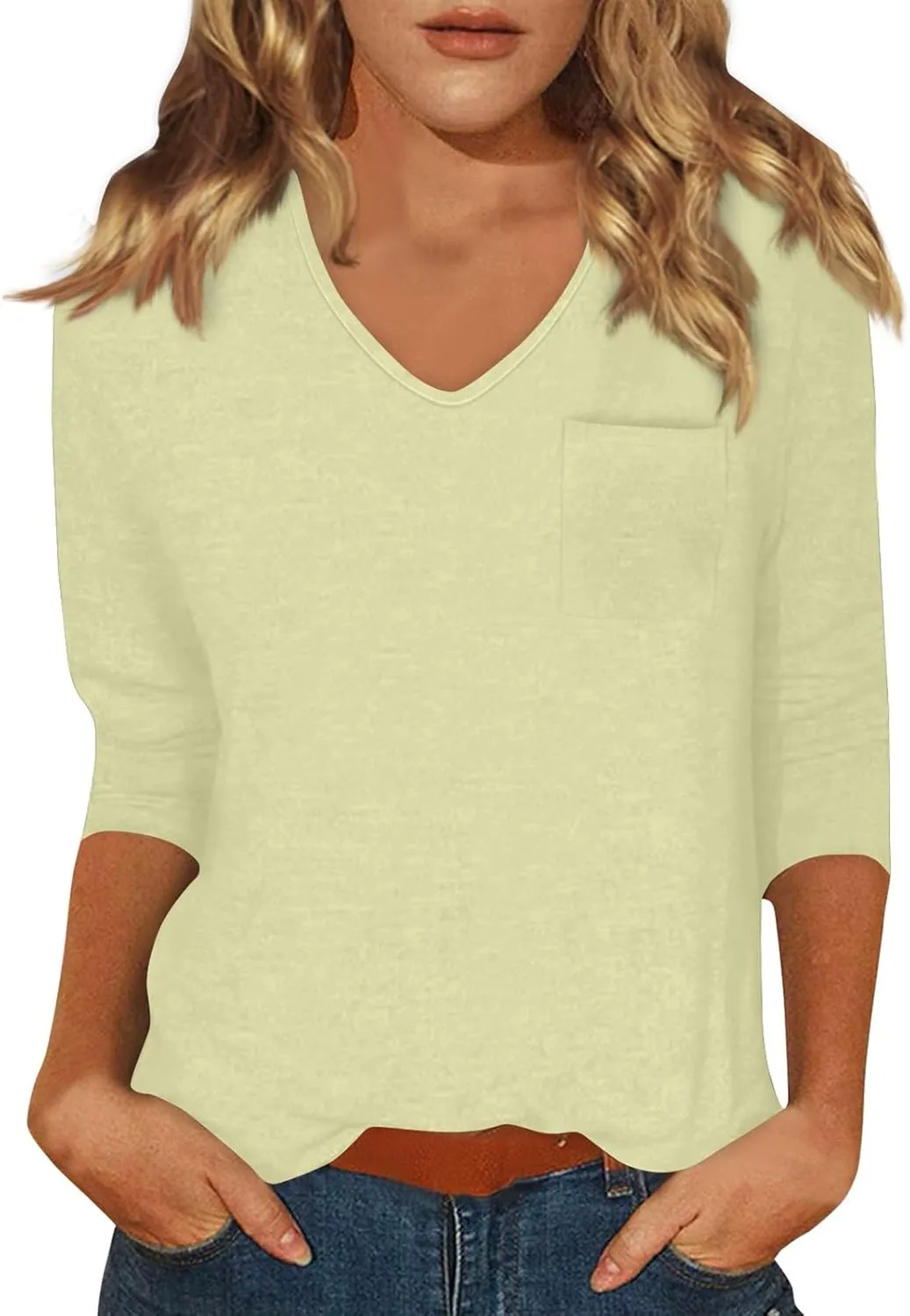 Tops for Women Trendy Summer V Neck 3/4 Sleeve Work Tops Solid Color Baggy Blouses Lightweight Business Tunic Tops