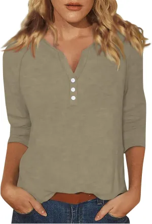 Tops for Women Trendy Summer V Neck 3/4 Sleeve Work Tops Solid Color Baggy Blouses Lightweight Business Tunic Tops