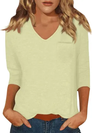 Tops for Women Trendy Summer V Neck 3/4 Sleeve Work Tops Solid Color Baggy Blouses Lightweight Business Tunic Tops