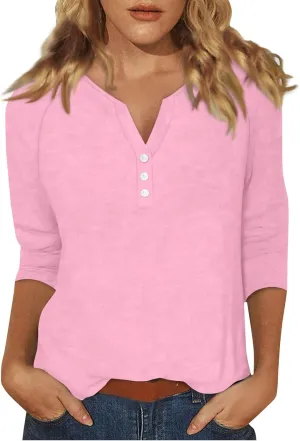 Tops for Women Trendy Summer V Neck 3/4 Sleeve Work Tops Solid Color Baggy Blouses Lightweight Business Tunic Tops