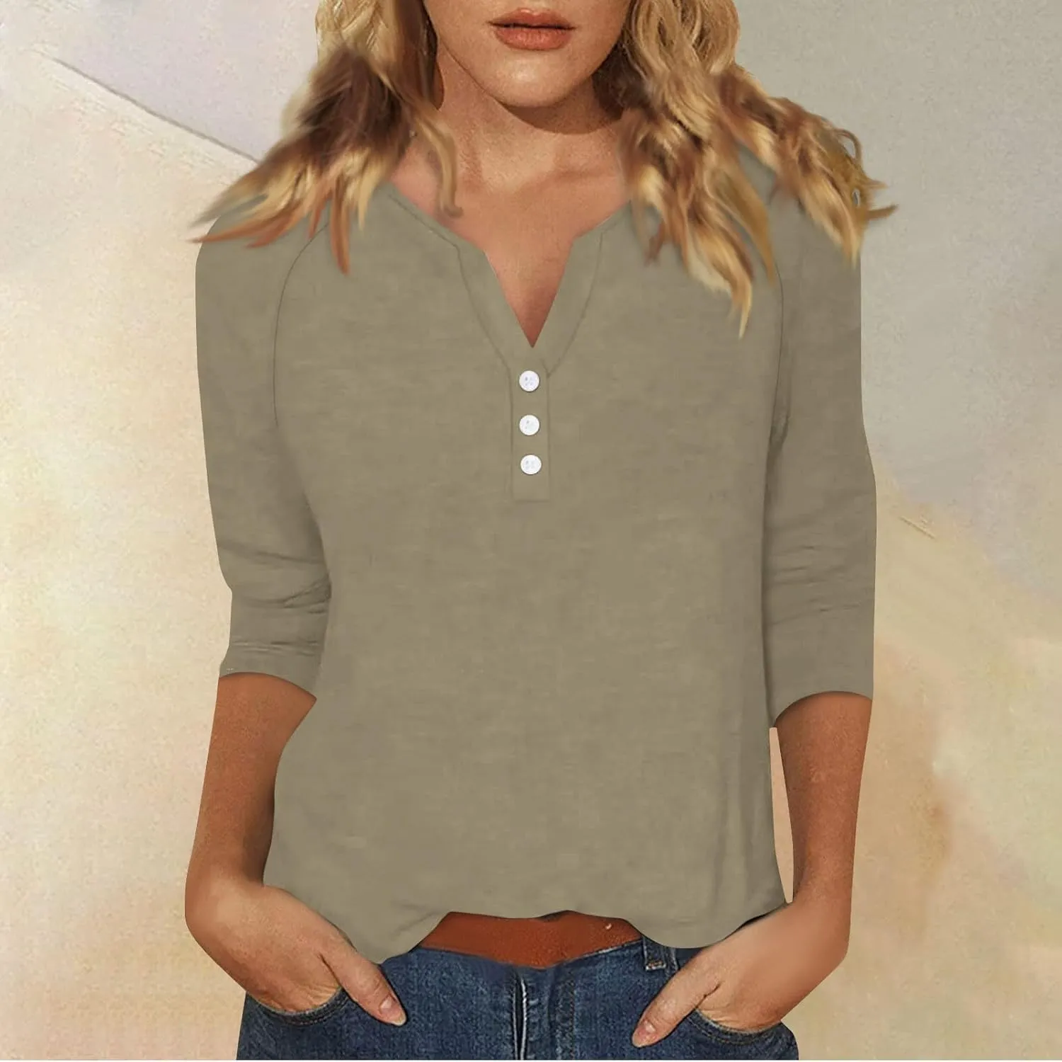 Tops for Women Trendy Summer V Neck 3/4 Sleeve Work Tops Solid Color Baggy Blouses Lightweight Business Tunic Tops