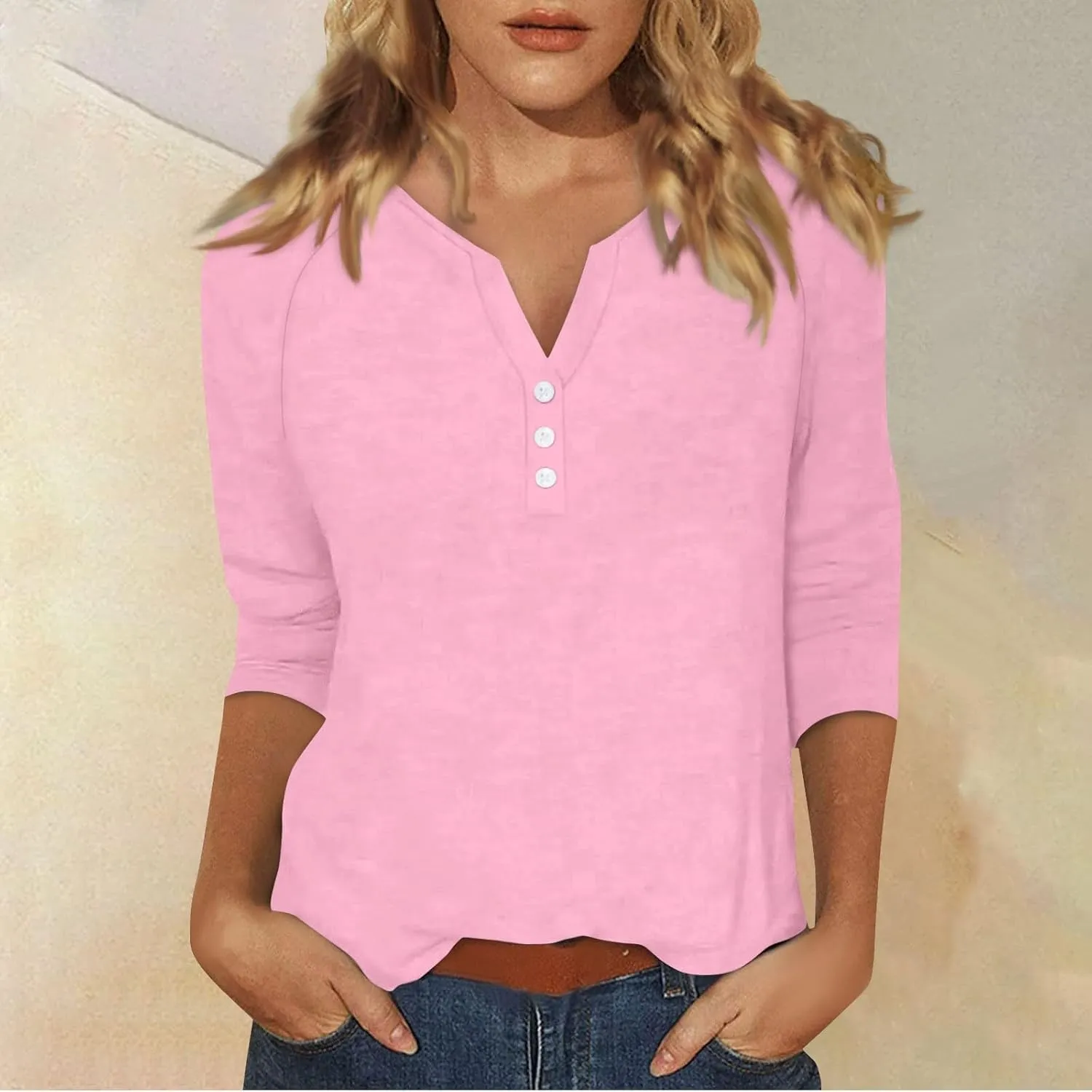 Tops for Women Trendy Summer V Neck 3/4 Sleeve Work Tops Solid Color Baggy Blouses Lightweight Business Tunic Tops