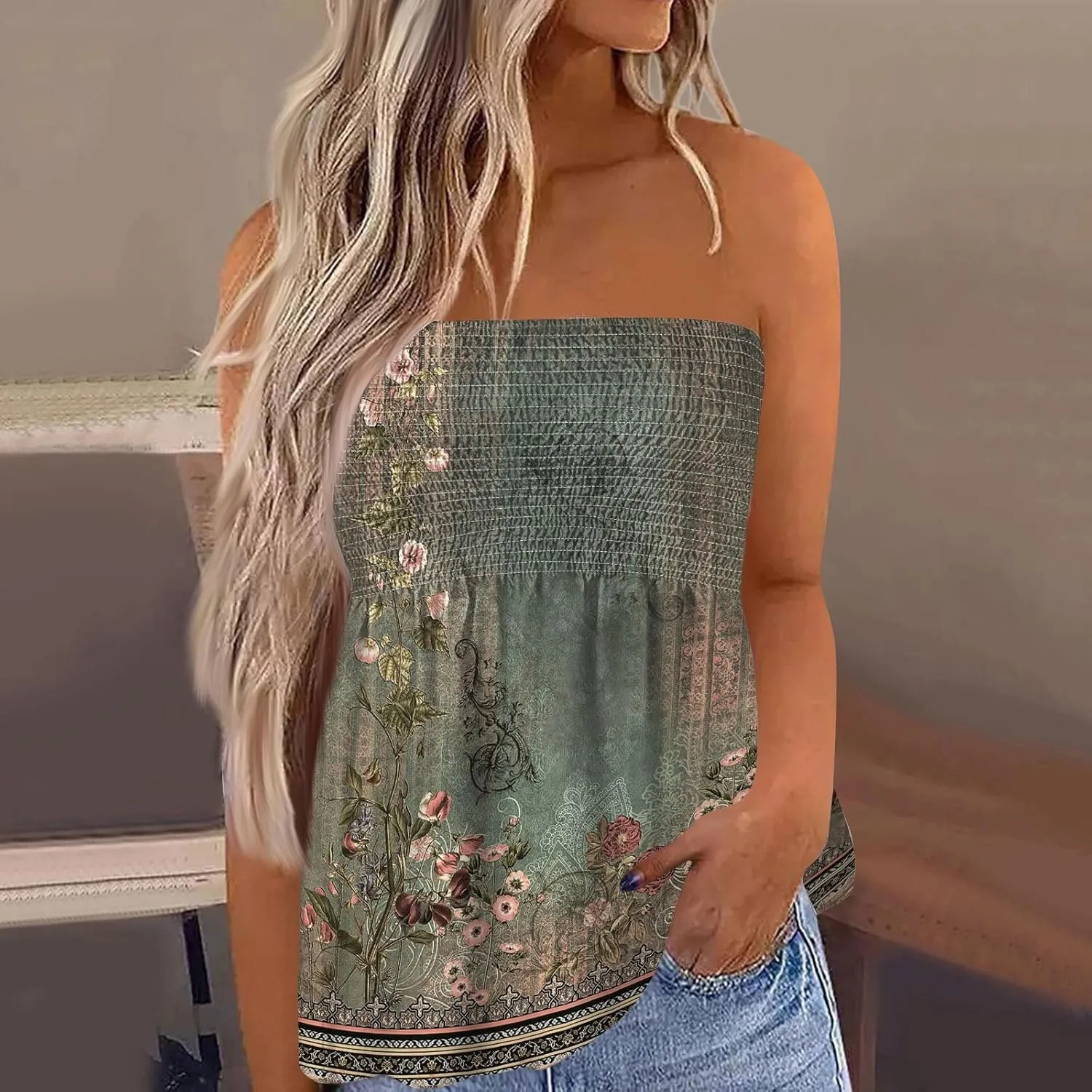 Tube Tops for Women Smocked Bandeau Tops Floral Tube Tops Backless Bandeau Tunic Tops Sleeveless Shirts