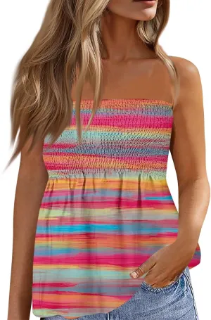 Tube Tops for Women Smocked Bandeau Tops Floral Tube Tops Backless Bandeau Tunic Tops Sleeveless Shirts