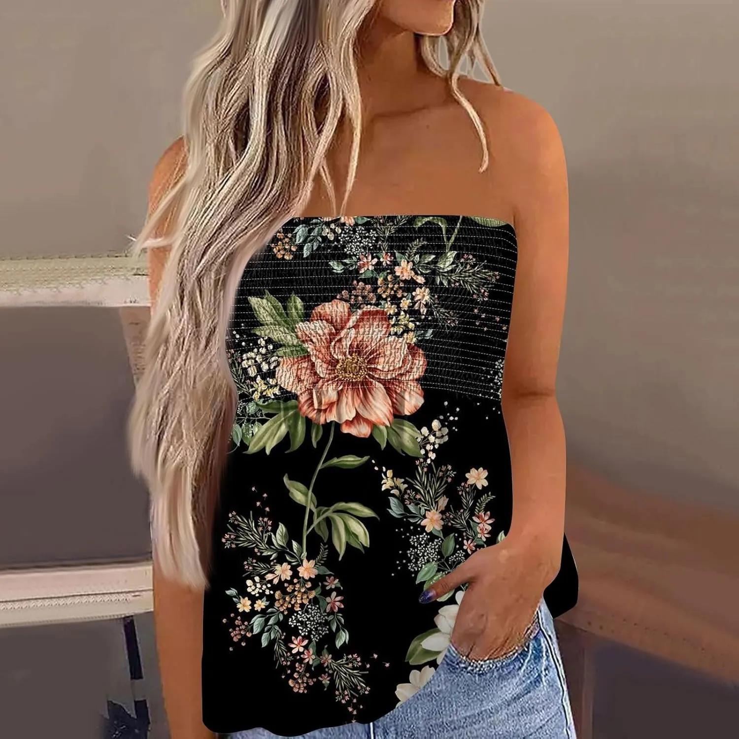 Tube Tops for Women Smocked Bandeau Tops Floral Tube Tops Backless Bandeau Tunic Tops Sleeveless Shirts