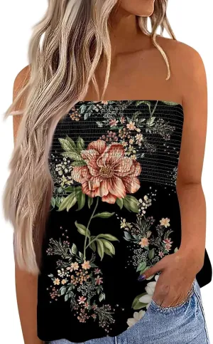 Tube Tops for Women Smocked Bandeau Tops Floral Tube Tops Backless Bandeau Tunic Tops Sleeveless Shirts