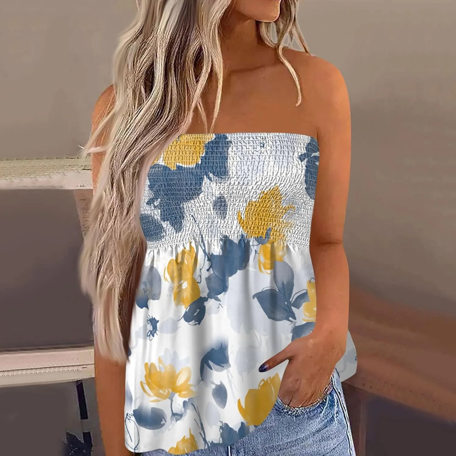 Tube Tops for Women Smocked Bandeau Tops Floral Tube Tops Backless Bandeau Tunic Tops Sleeveless Shirts