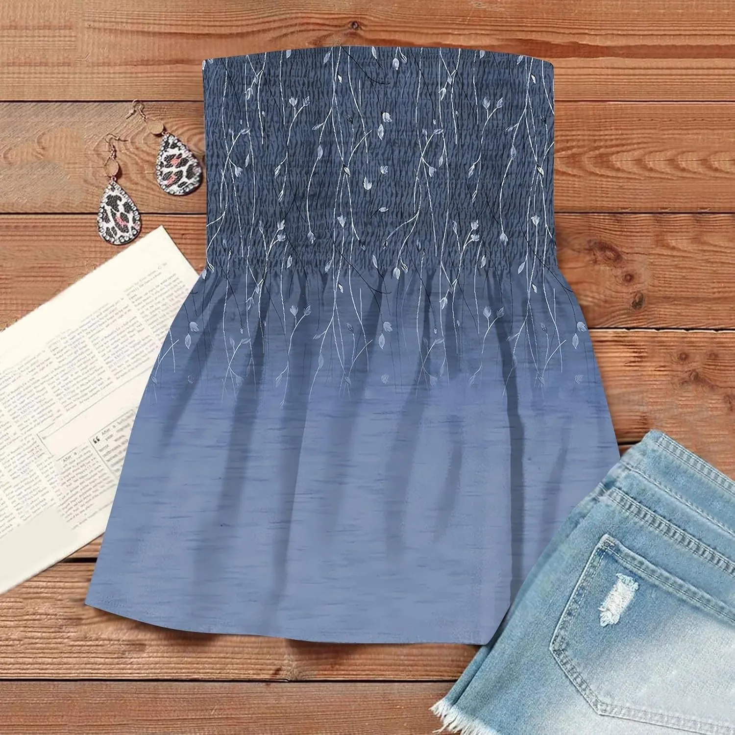 Tube Tops for Women Strapless Bandeau Tank Tops Floral Printed Smocked Ruffled Sleeveless Summer Shirts Tube Tops