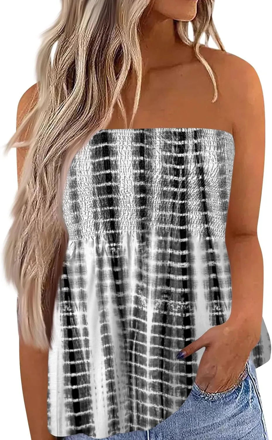 Tube Tops for Women Strapless Bandeau Tank Tops Floral Printed Smocked Ruffled Sleeveless Summer Shirts Tube Tops