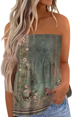Tube Tops for Women Strapless Bandeau Tank Tops Floral Printed Smocked Ruffled Sleeveless Summer Shirts Tube Tops