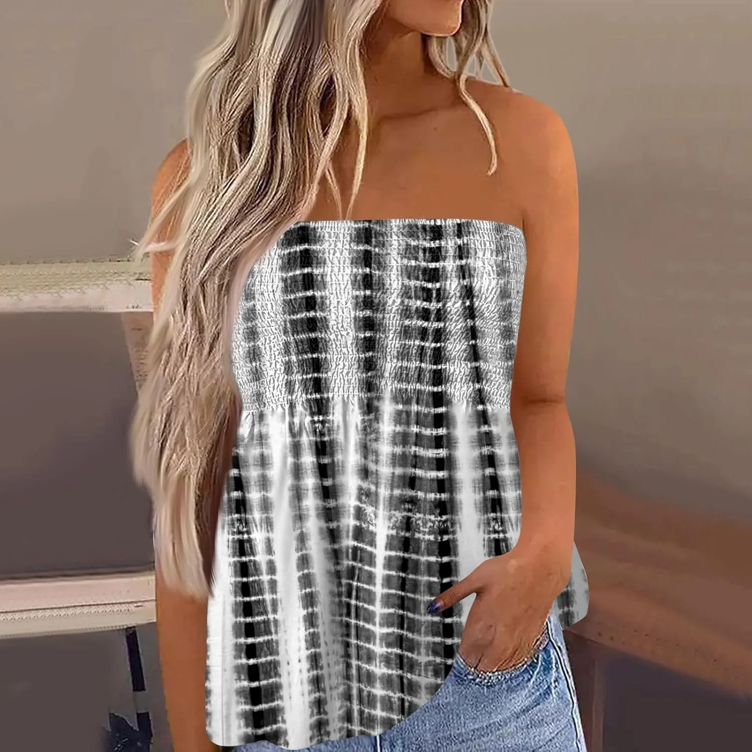 Tube Tops for Women Strapless Bandeau Tank Tops Floral Printed Smocked Ruffled Sleeveless Summer Shirts Tube Tops
