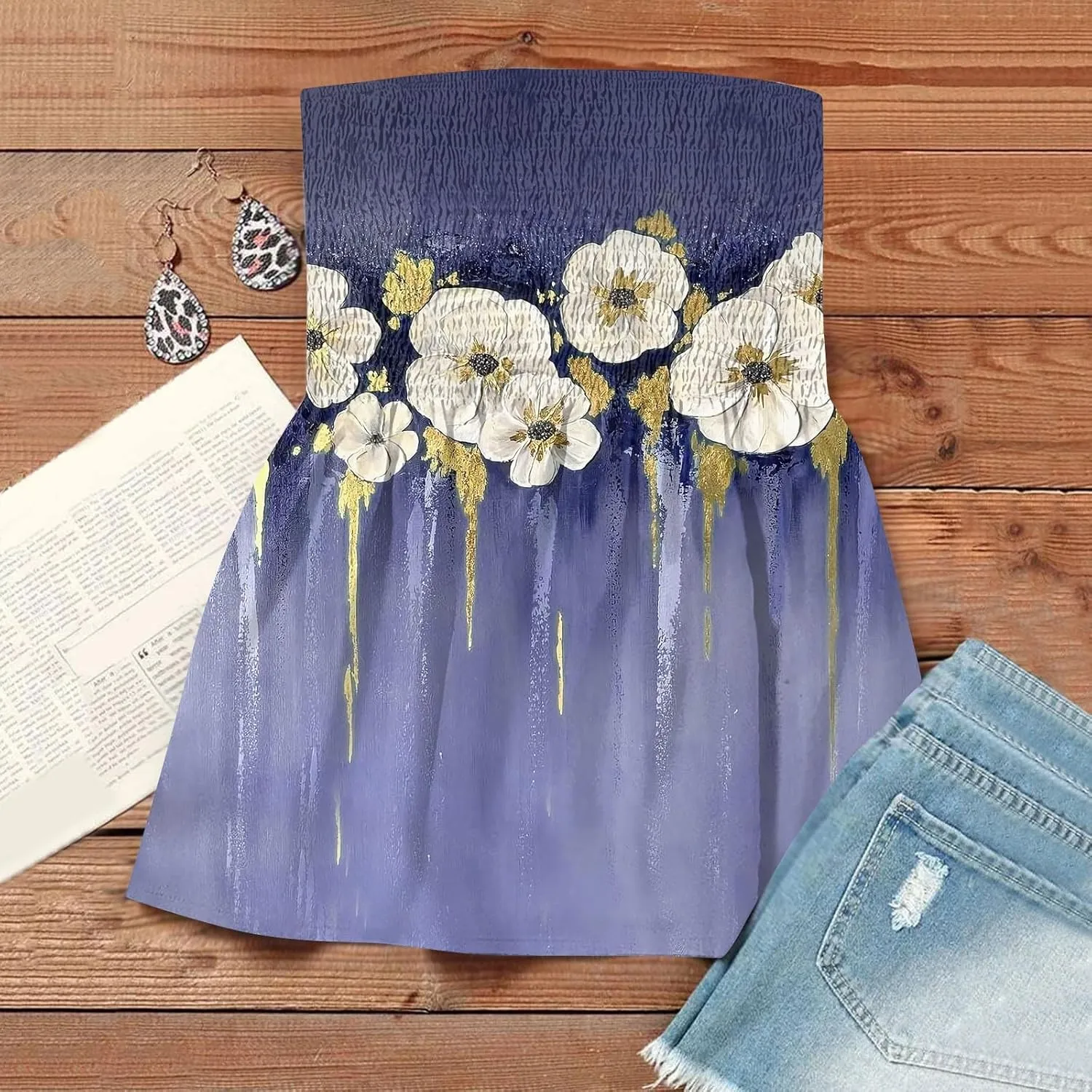 Tube Tops for Women Strapless Bandeau Tank Tops Floral Printed Smocked Ruffled Sleeveless Summer Shirts Tube Tops