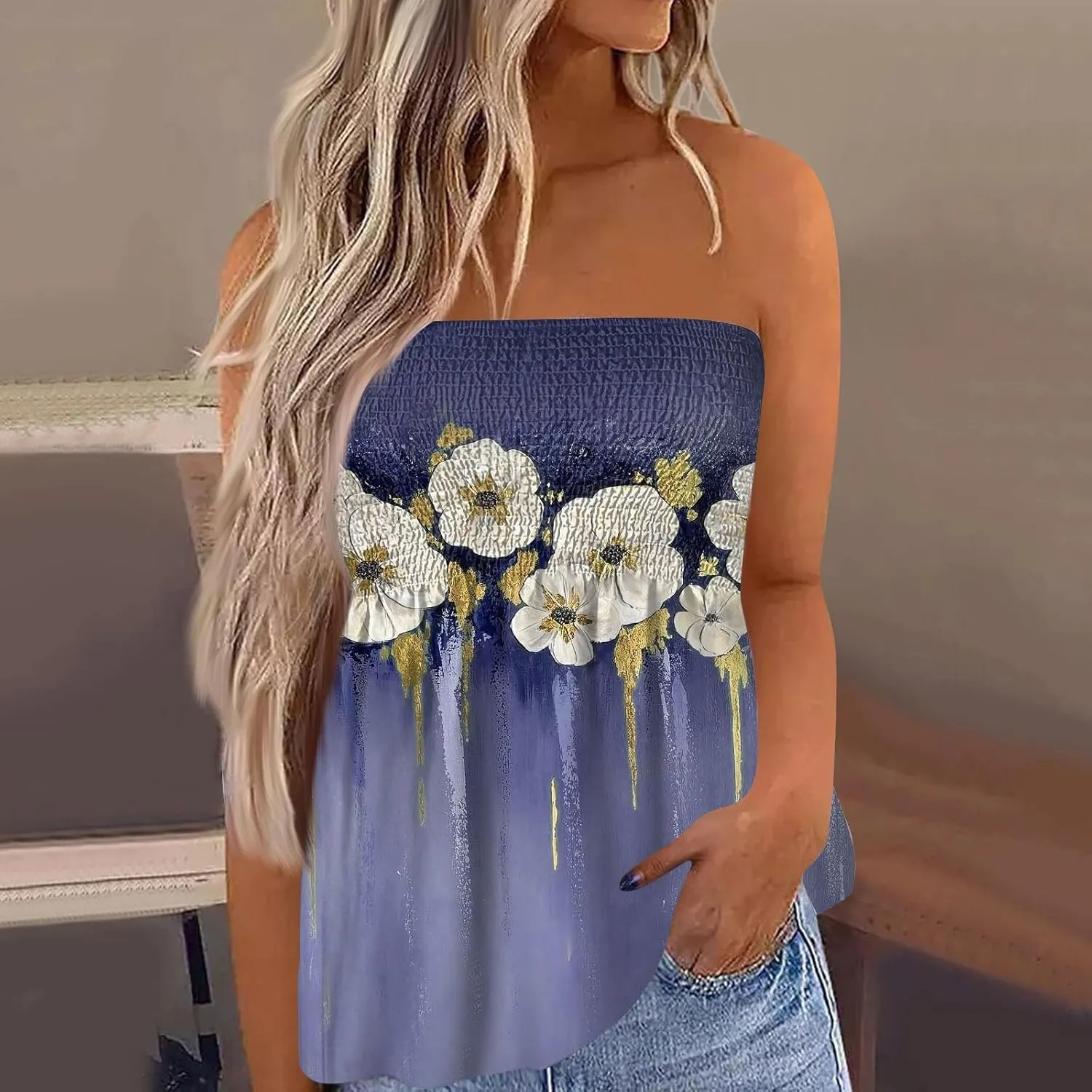 Tube Tops for Women Strapless Bandeau Tank Tops Floral Printed Smocked Ruffled Sleeveless Summer Shirts Tube Tops