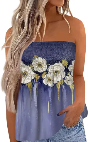 Tube Tops for Women Strapless Bandeau Tank Tops Floral Printed Smocked Ruffled Sleeveless Summer Shirts Tube Tops