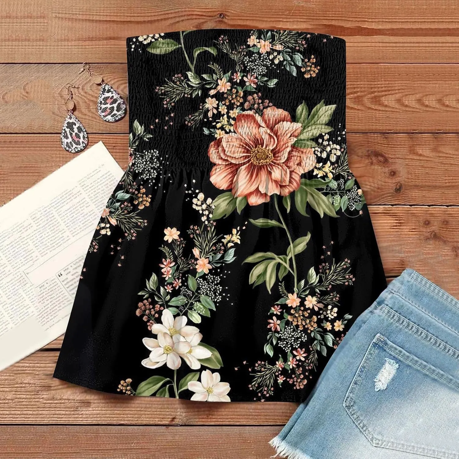 Tube Tops for Women Strapless Bandeau Tank Tops Floral Printed Smocked Ruffled Sleeveless Summer Shirts Tube Tops