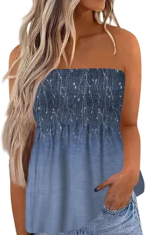 Tube Tops for Women Strapless Bandeau Tank Tops Floral Printed Smocked Ruffled Sleeveless Summer Shirts Tube Tops