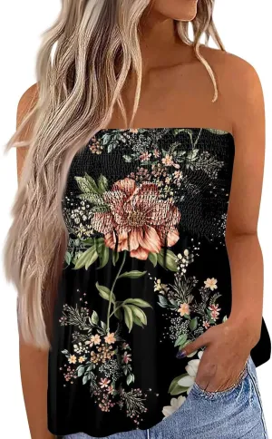 Tube Tops for Women Strapless Bandeau Tank Tops Floral Printed Smocked Ruffled Sleeveless Summer Shirts Tube Tops