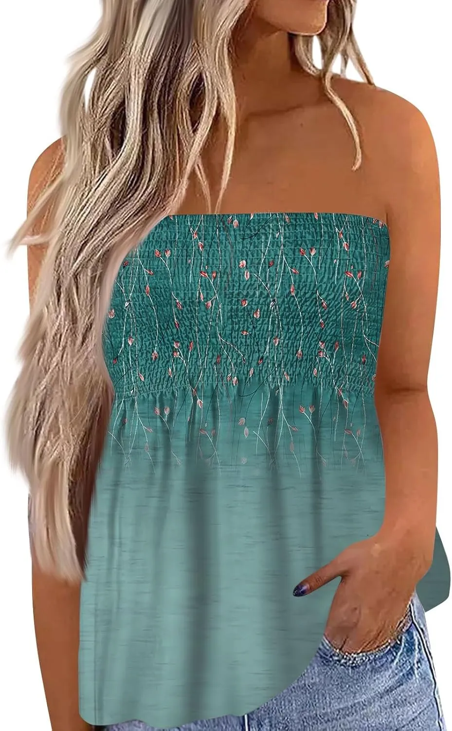 Tube Tops for Women Strapless Bandeau Tank Tops Floral Printed Smocked Ruffled Sleeveless Summer Shirts Tube Tops
