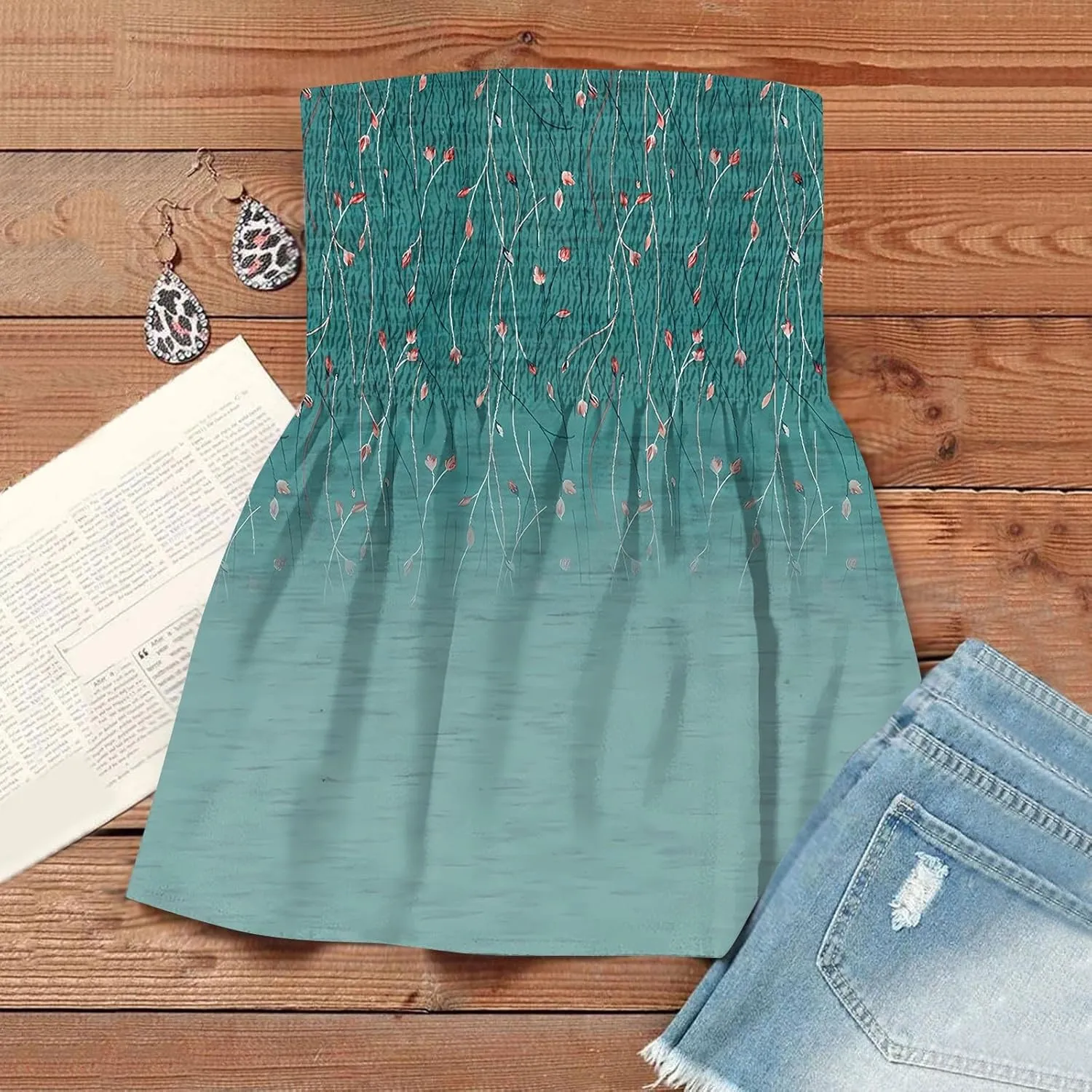 Tube Tops for Women Strapless Bandeau Tank Tops Floral Printed Smocked Ruffled Sleeveless Summer Shirts Tube Tops