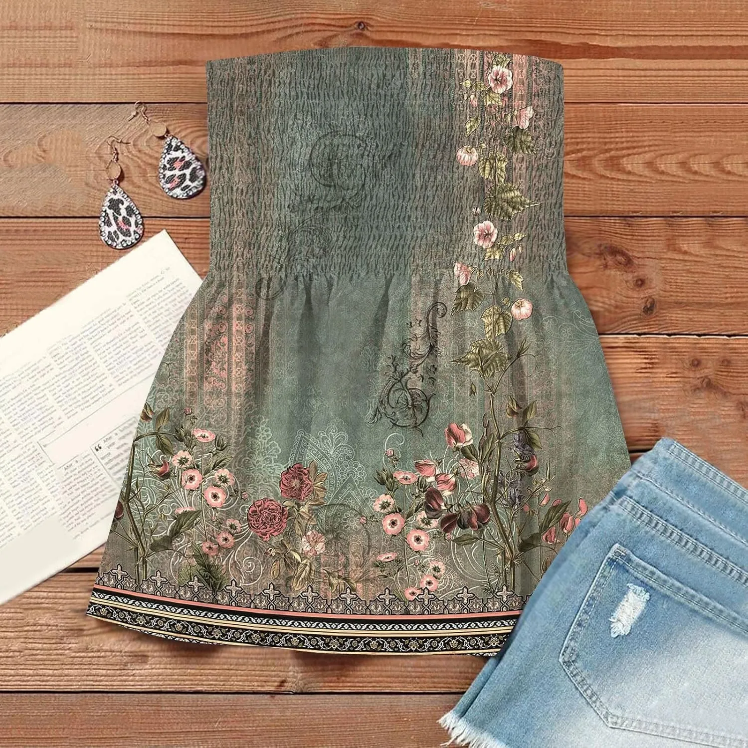 Tube Tops for Women Strapless Bandeau Tank Tops Floral Printed Smocked Ruffled Sleeveless Summer Shirts Tube Tops