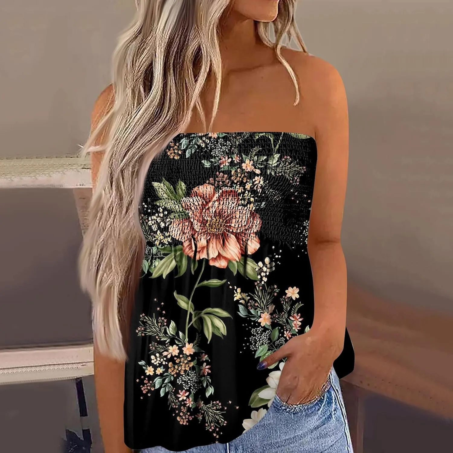Tube Tops for Women Strapless Bandeau Tank Tops Floral Printed Smocked Ruffled Sleeveless Summer Shirts Tube Tops
