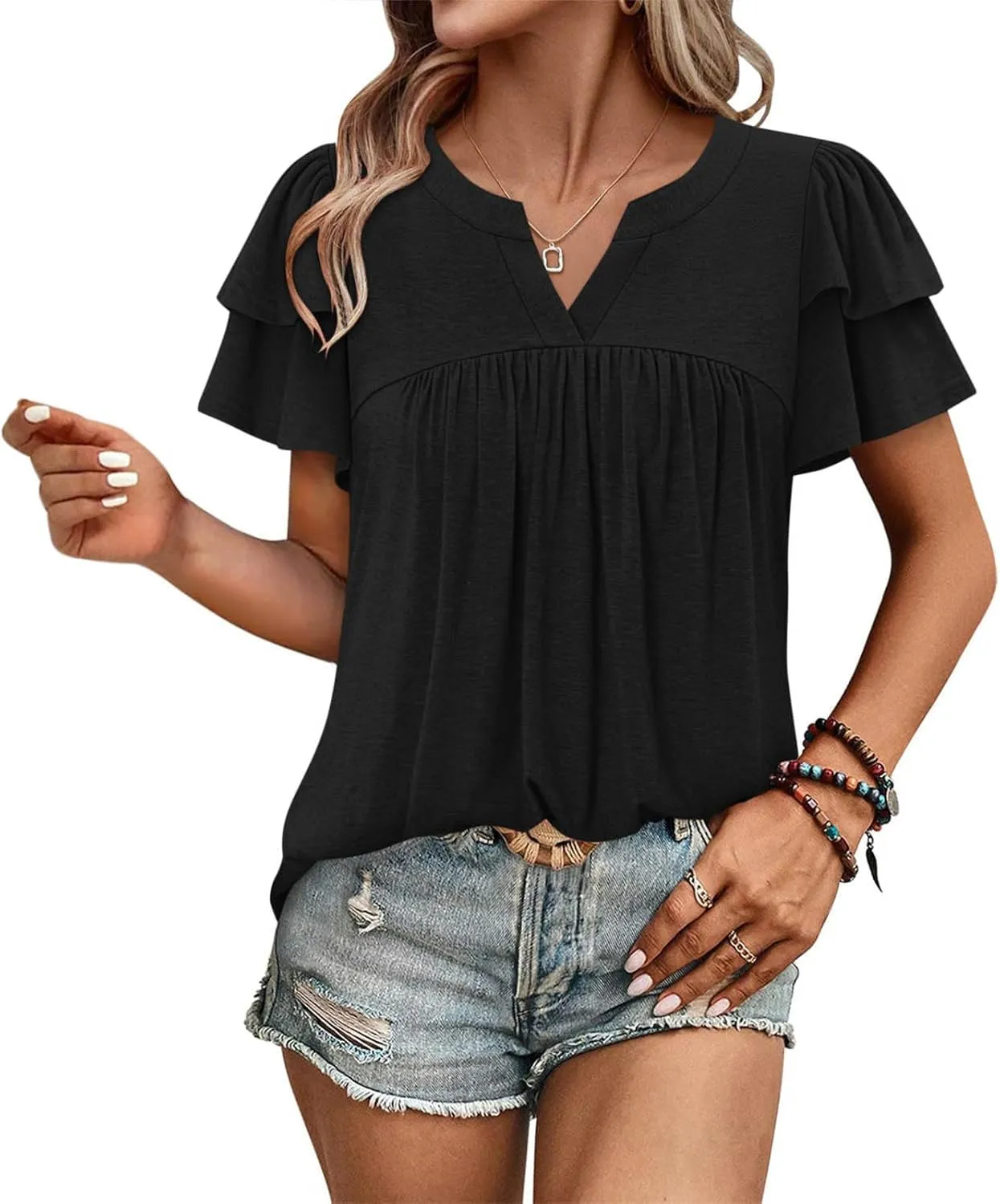 Tunic Tops for Women Ruffle Sleeve Shirts Loose Fit Casual V Neck Short Sleeve Summer Pleated T-Shirts Dressy Blouses