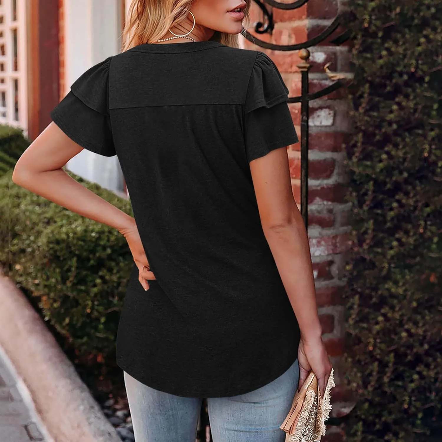 Tunic Tops for Women Ruffle Sleeve Shirts Loose Fit Casual V Neck Short Sleeve Summer Pleated T-Shirts Dressy Blouses