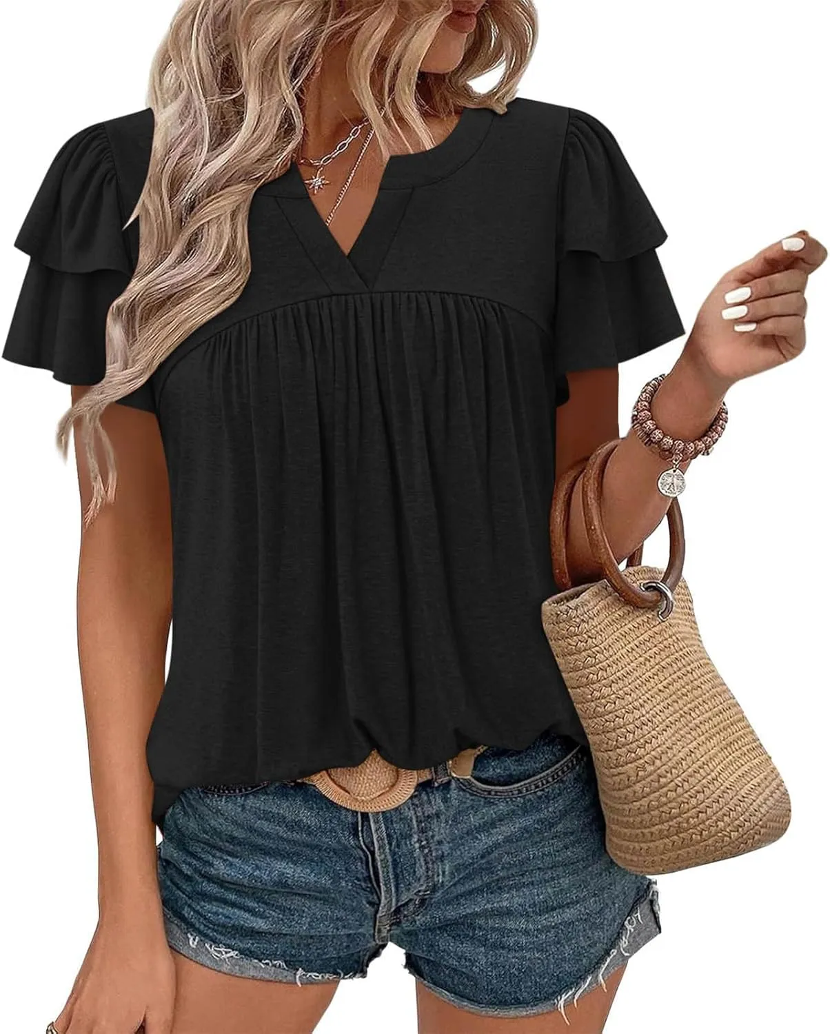 Tunic Tops for Women Ruffle Sleeve Shirts Loose Fit Casual V Neck Short Sleeve Summer Pleated T-Shirts Dressy Blouses