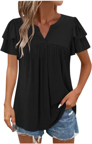 Tunic Tops for Women Ruffle Sleeve Shirts Loose Fit Casual V Neck Short Sleeve Summer Pleated T-Shirts Dressy Blouses