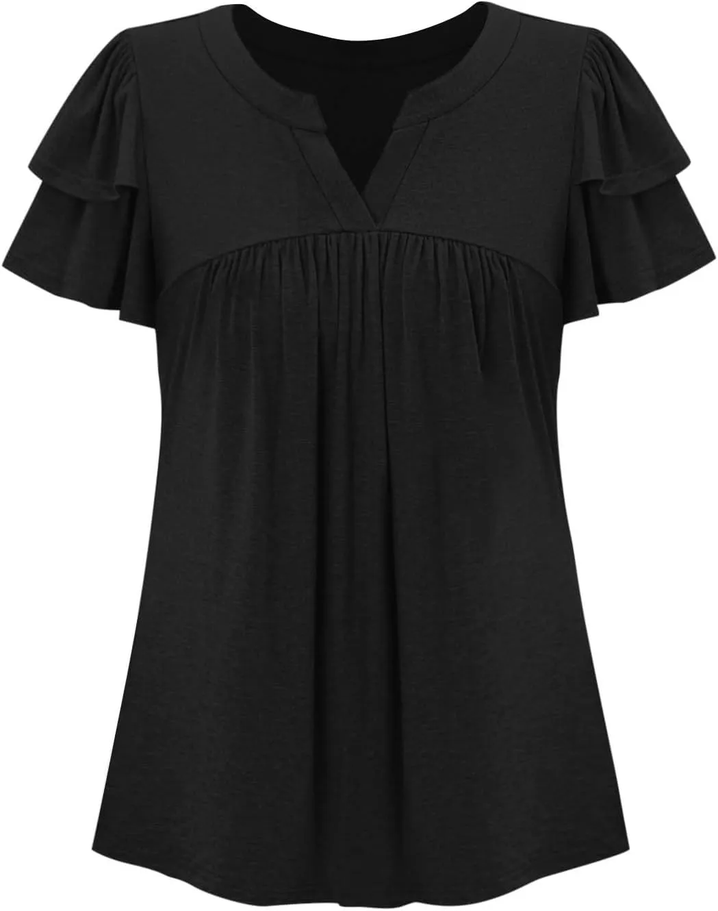 Tunic Tops for Women Ruffle Sleeve Shirts Loose Fit Casual V Neck Short Sleeve Summer Pleated T-Shirts Dressy Blouses