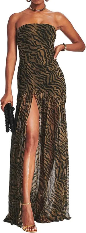 UAURORAO Women Tropical Strapless Maxi Dress Mesh Bodycon Tube Long Dress Flowy Ruffle High Split Evening Gowns