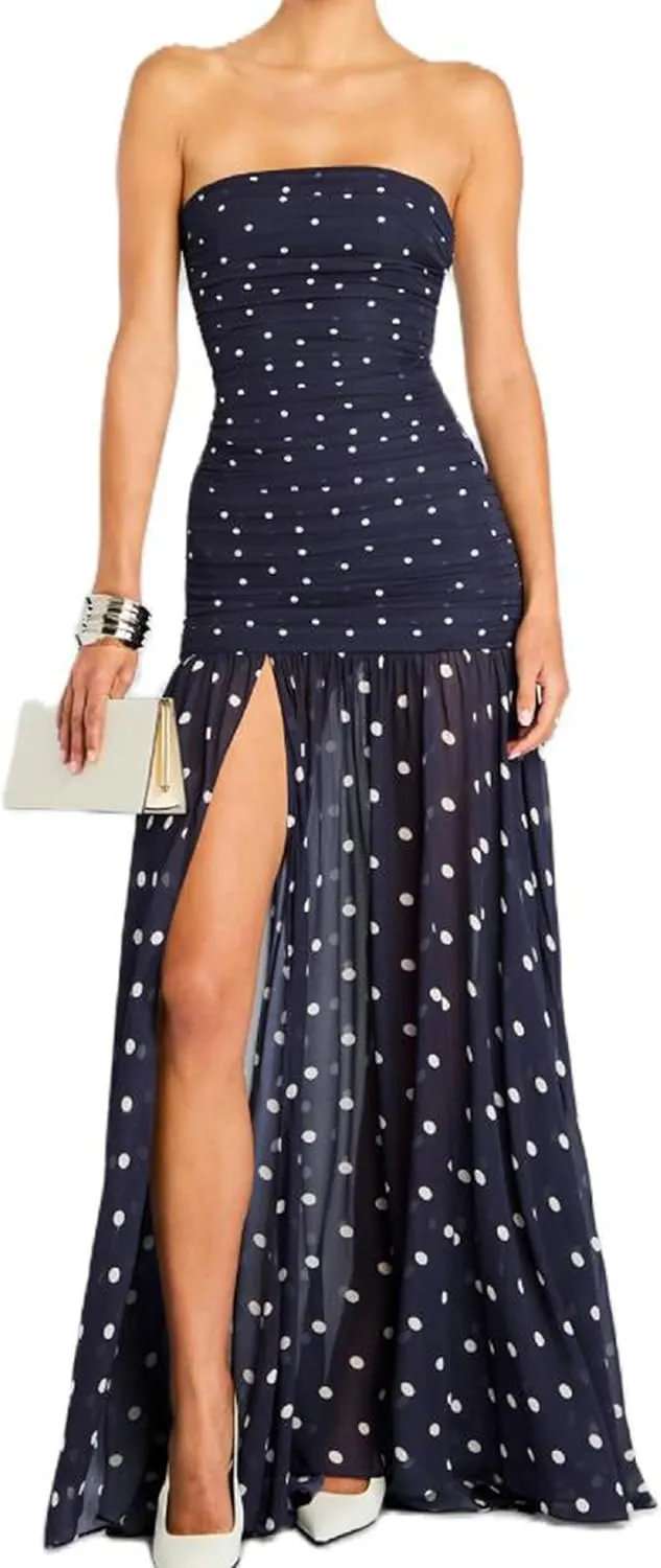 UAURORAO Women Tropical Strapless Maxi Dress Mesh Bodycon Tube Long Dress Flowy Ruffle High Split Evening Gowns