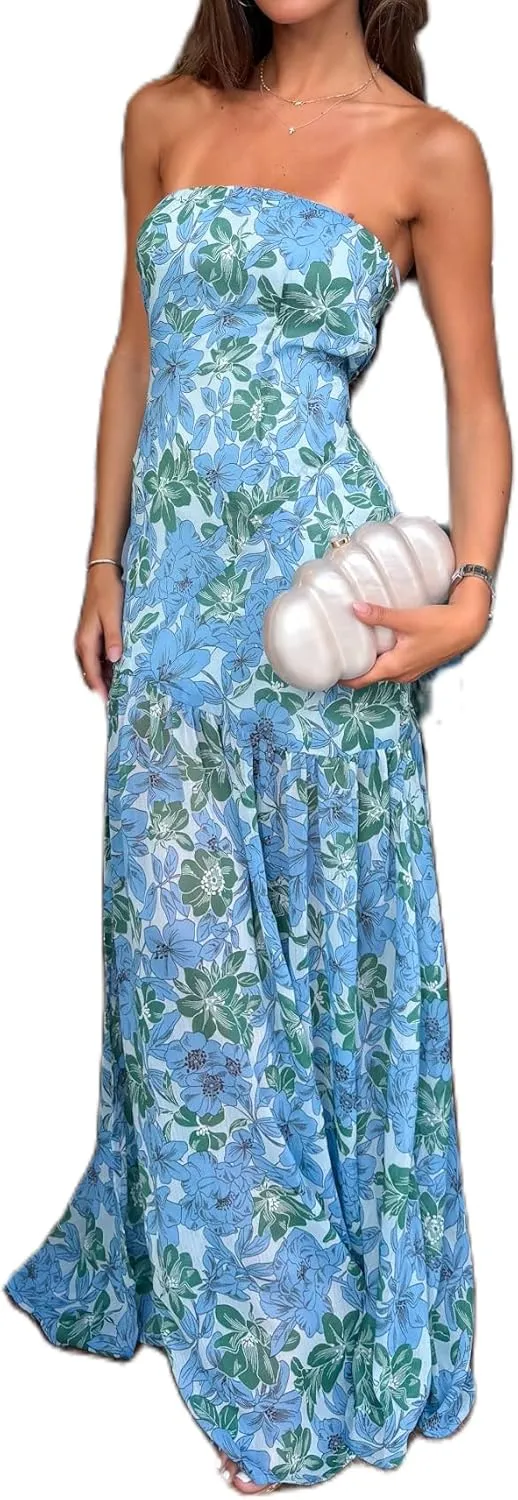 UAURORAO Women Tropical Strapless Maxi Dress Mesh Bodycon Tube Long Dress Flowy Ruffle High Split Evening Gowns
