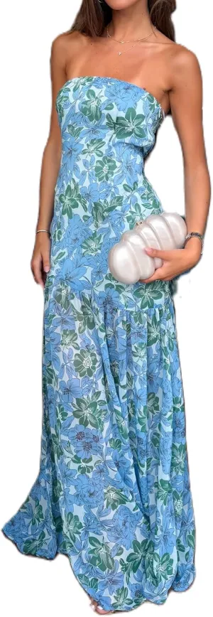 UAURORAO Women Tropical Strapless Maxi Dress Mesh Bodycon Tube Long Dress Flowy Ruffle High Split Evening Gowns