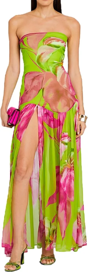 UAURORAO Women Tropical Strapless Maxi Dress Mesh Bodycon Tube Long Dress Flowy Ruffle High Split Evening Gowns