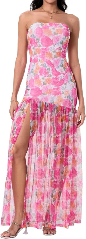 UAURORAO Women Tropical Strapless Maxi Dress Mesh Bodycon Tube Long Dress Flowy Ruffle High Split Evening Gowns