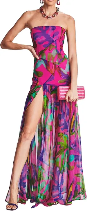 UAURORAO Women Tropical Strapless Maxi Dress Mesh Bodycon Tube Long Dress Flowy Ruffle High Split Evening Gowns
