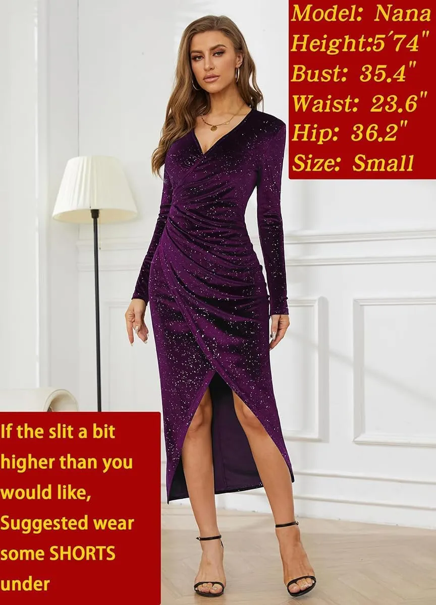 VECVOC Women's V Neck Long Sleeve Velvet Dress Elegant Ruched Bodycon Cocktail Party Fall Wedding Guest Dresses