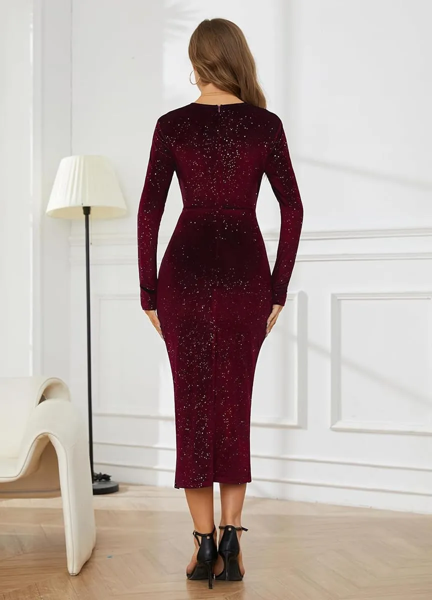 VECVOC Women's V Neck Long Sleeve Velvet Dress Elegant Ruched Bodycon Cocktail Party Fall Wedding Guest Dresses
