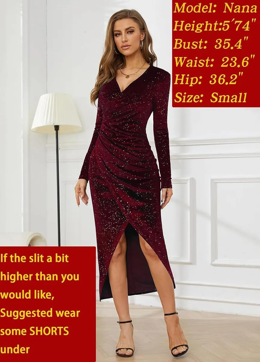VECVOC Women's V Neck Long Sleeve Velvet Dress Elegant Ruched Bodycon Cocktail Party Fall Wedding Guest Dresses