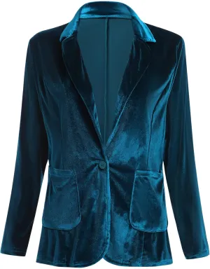 Velvet Blazers for Women Long Sleeve Open Front Button Velvet Blazer Jacket with Pockets