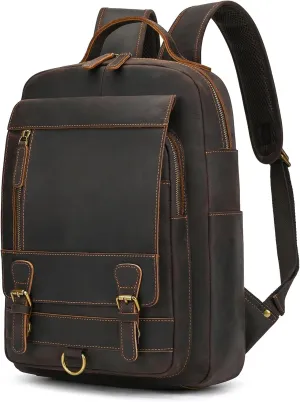 Vintage Full Grain Leather Backpack for Men, 16" Laptop Rucksack For Men Hiking Trave Work Business Bag, 1829 Dark Brown