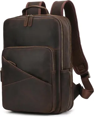 Vintage Full Grain Leather Backpack for Men, 16" Laptop Rucksack For Men Hiking Trave Work Business Bag, Dark Brown